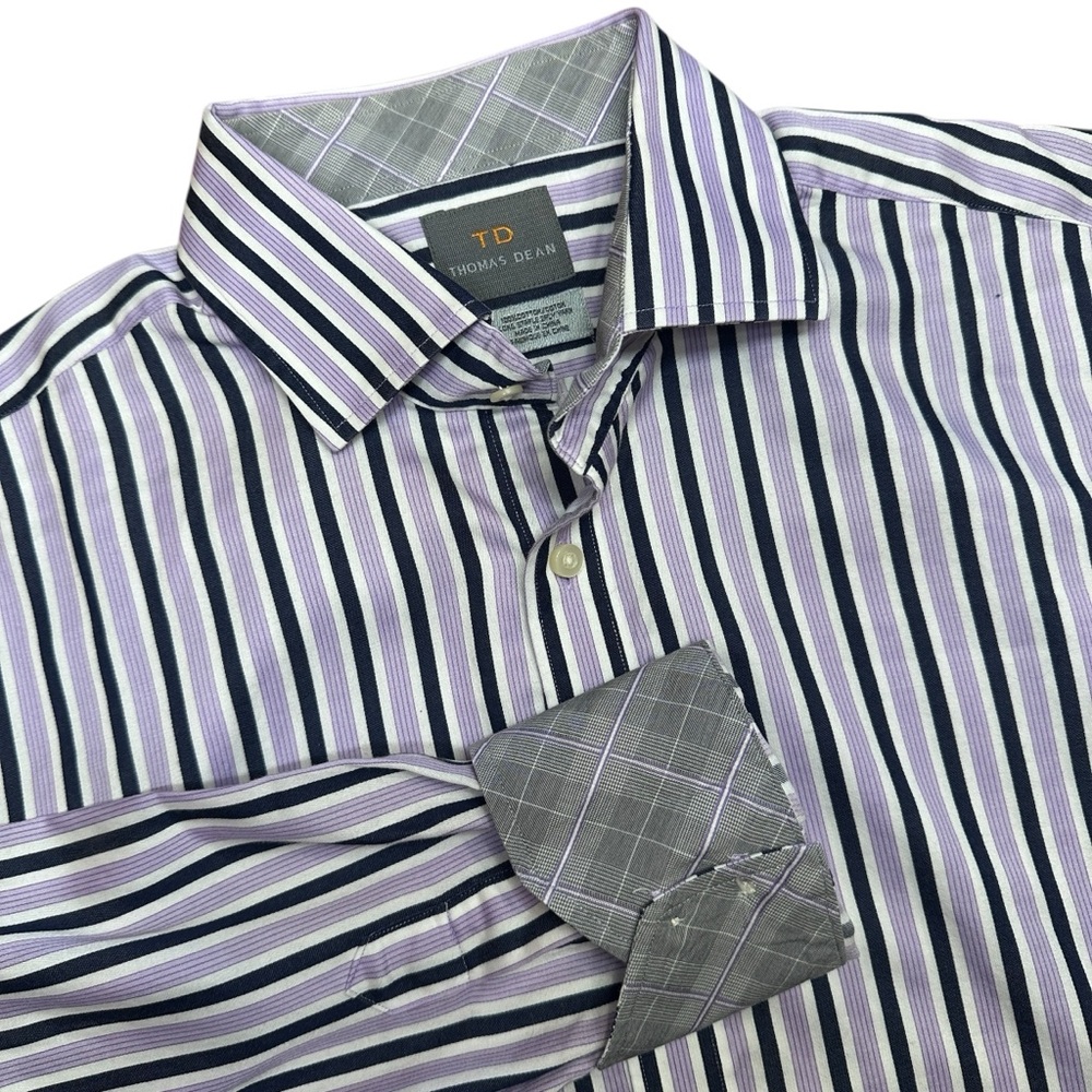 Thomas Dean Men's Striped Purple Button Down Shirt Flip Cuff Medium‎